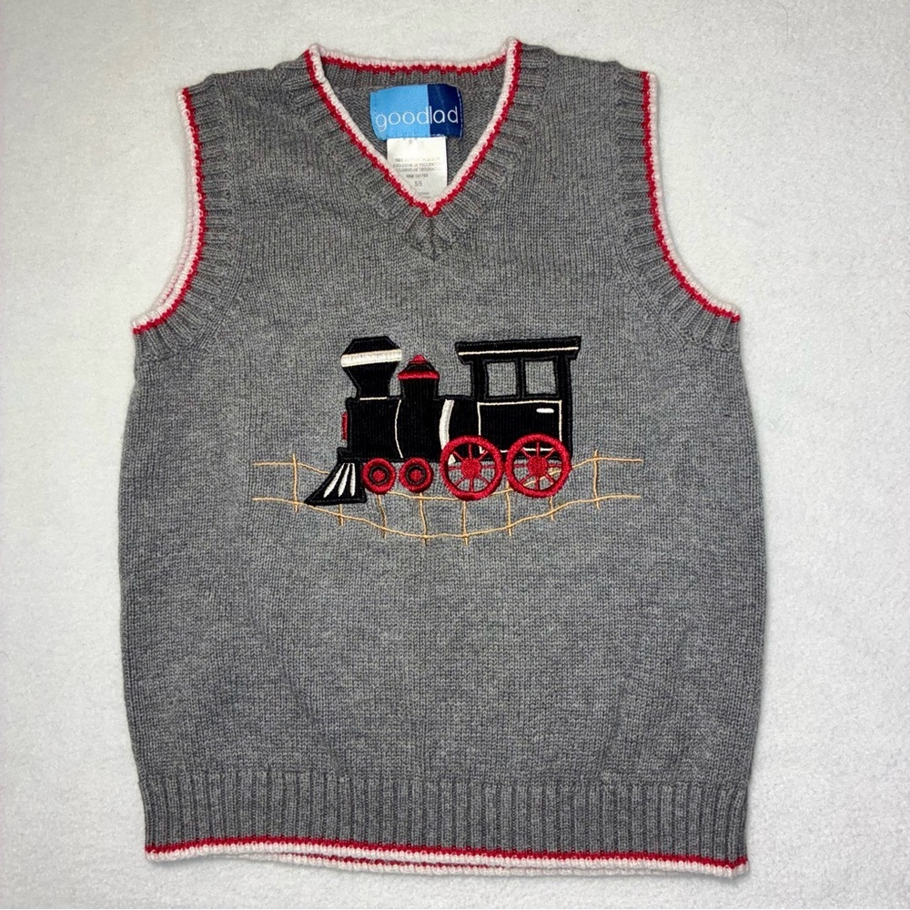Good Lad Choo Choo Train Boys Sweater Vest w/ Embroidered Train Size 5 Gray